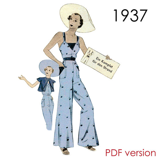 1937 Beach Pyjama 102 cm (40") bust. PDF pattern.